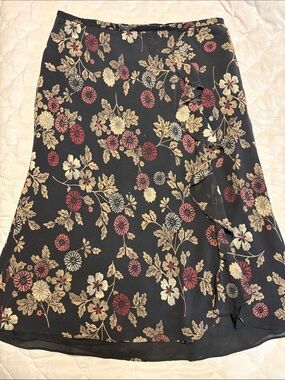 LOFT Black Floral Midi Skirt with Red and Cream Accents